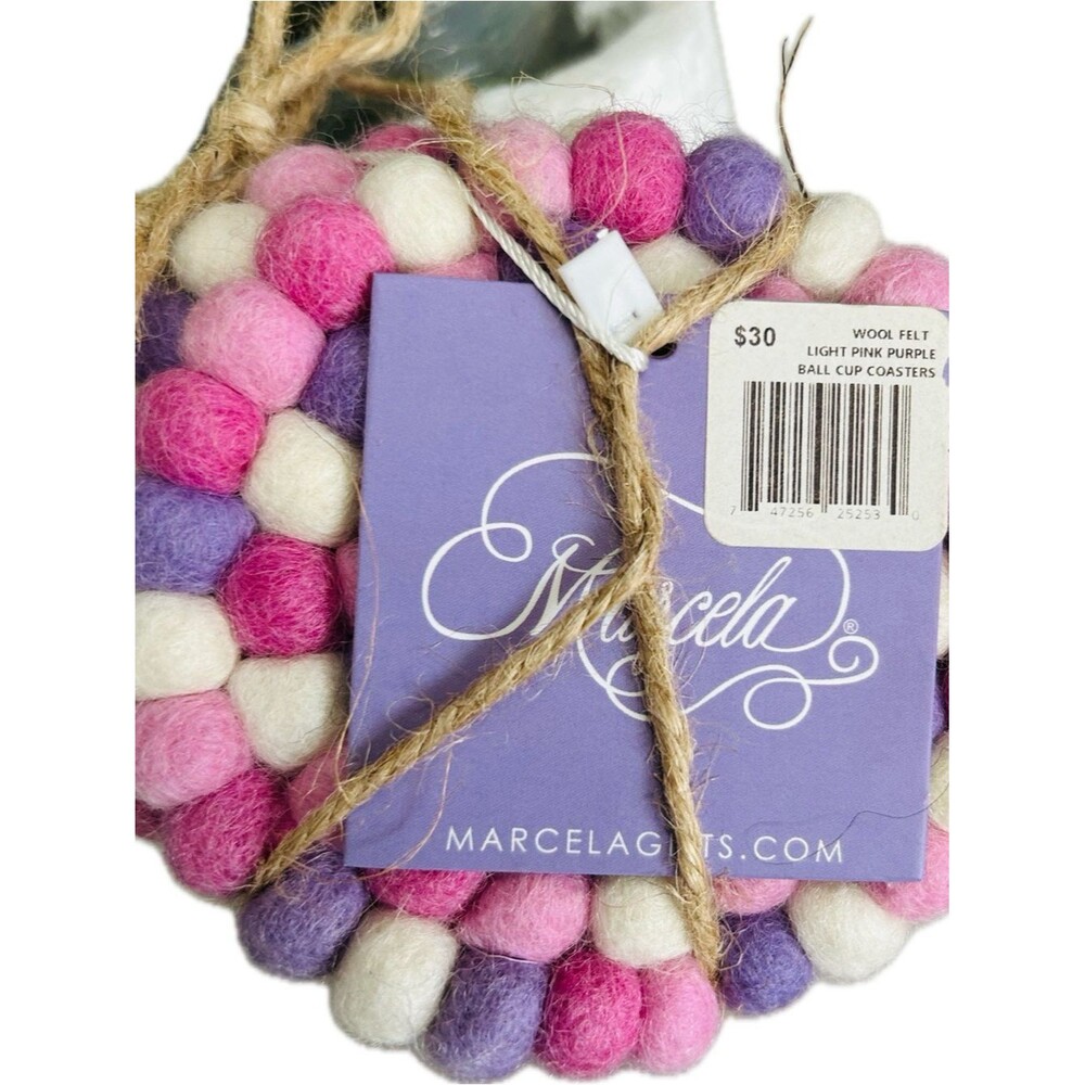 Pink Purple & White Felt Ball Four Piece Coaster Set Kitchen Dining Table Decor